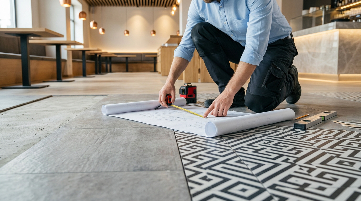 Worker meticulously plans a modern restaurant floor's geometric and large-format tile layout with blueprint and tools.