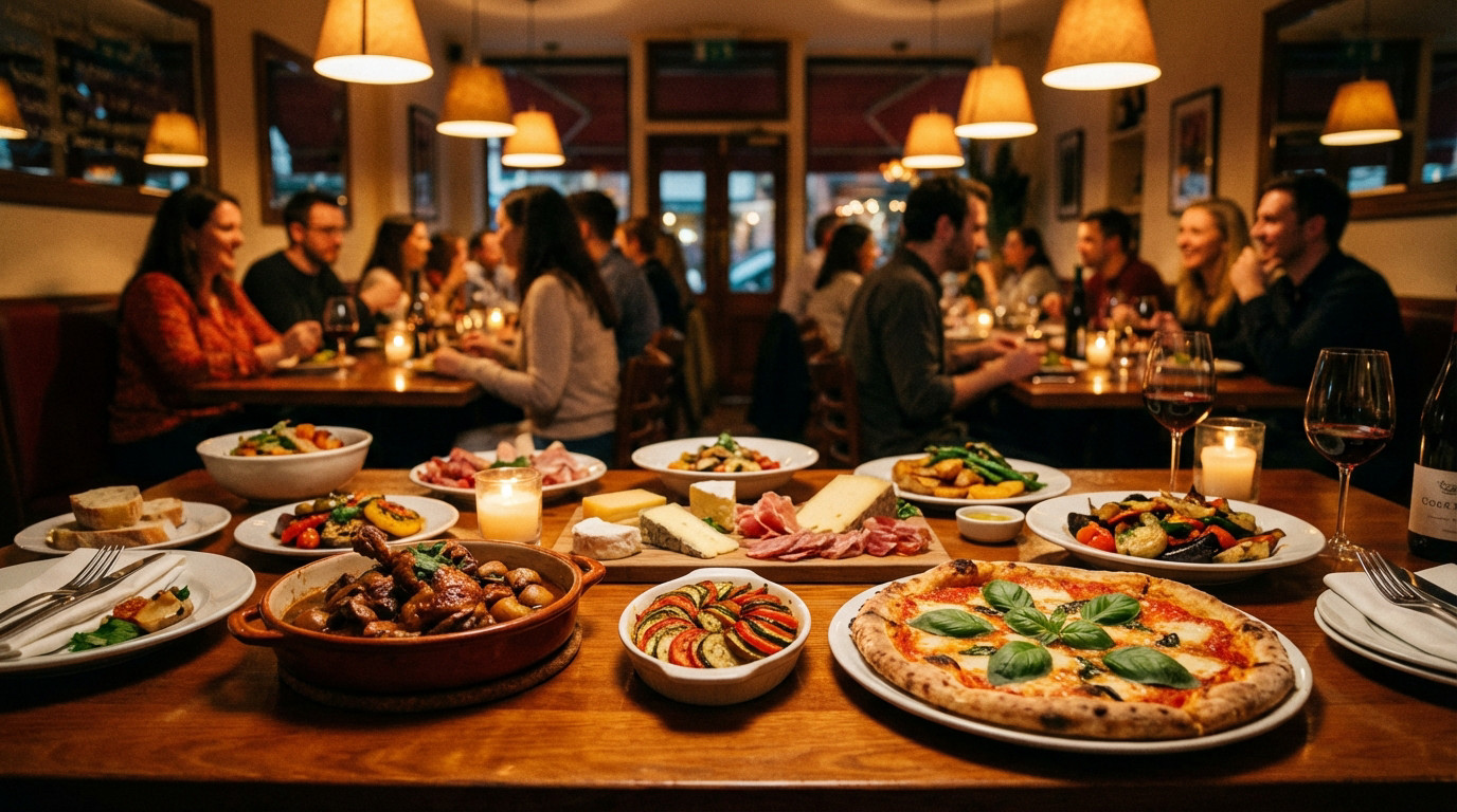 Restaurant table with diverse French dishes, pizza, and charcuterie, illuminated by warm light, with blurred diners in background.
