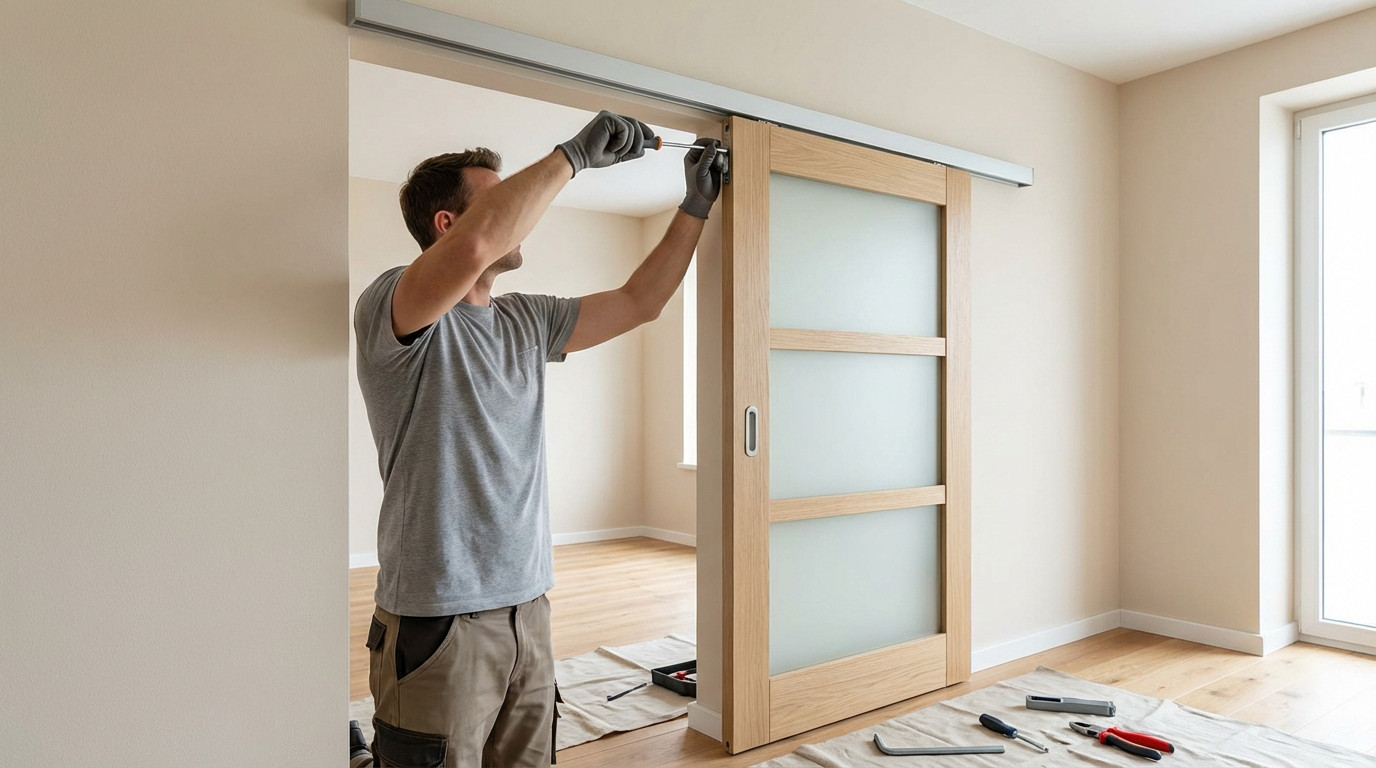 Person in gloves adjusting a modern light-toned sliding door's top track with a screwdriver in a bright, minimalist interior.