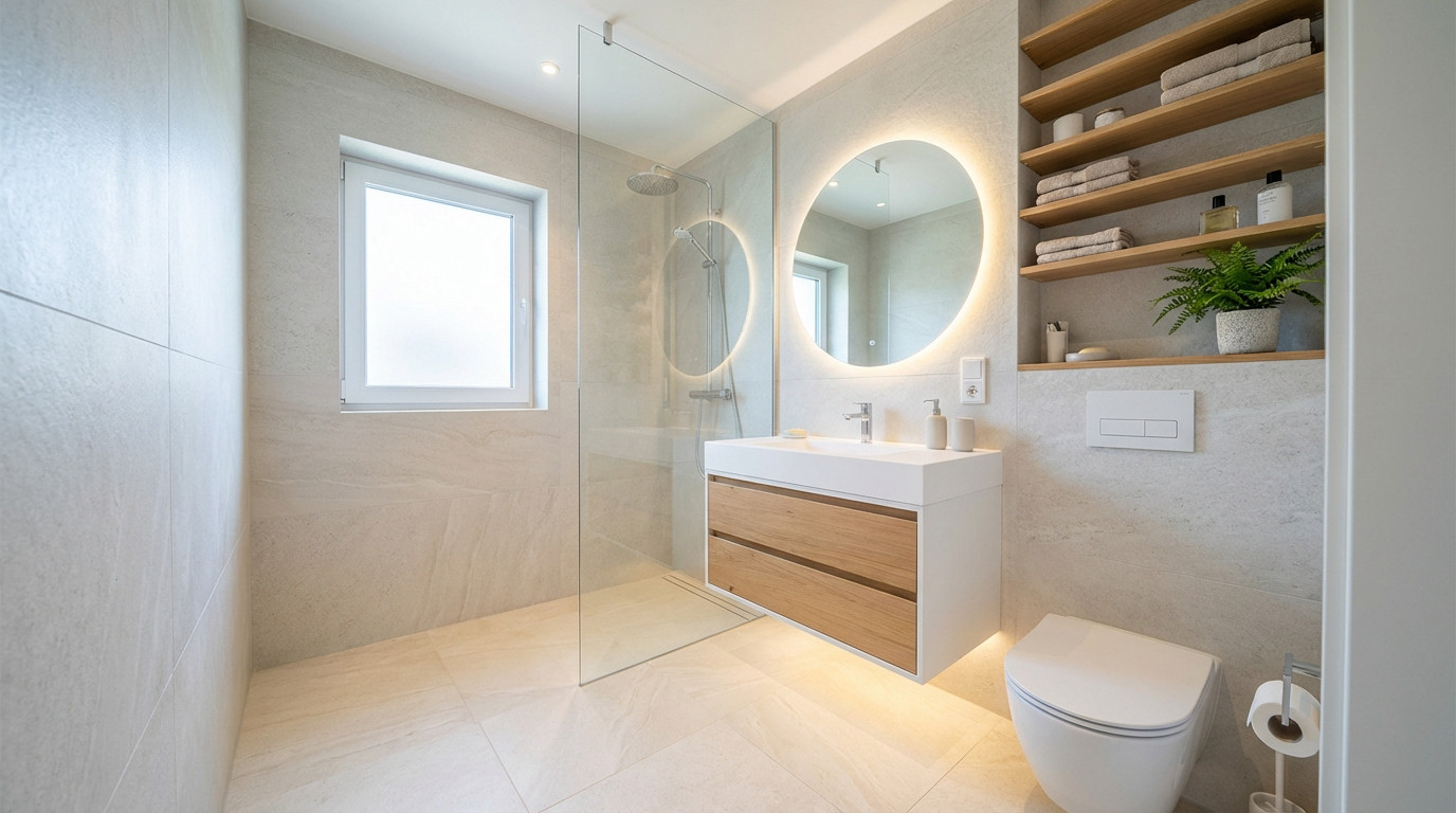 Bright, minimalist bathroom with wall-mounted vanity, round backlit mirror, frameless shower, and wooden storage.
