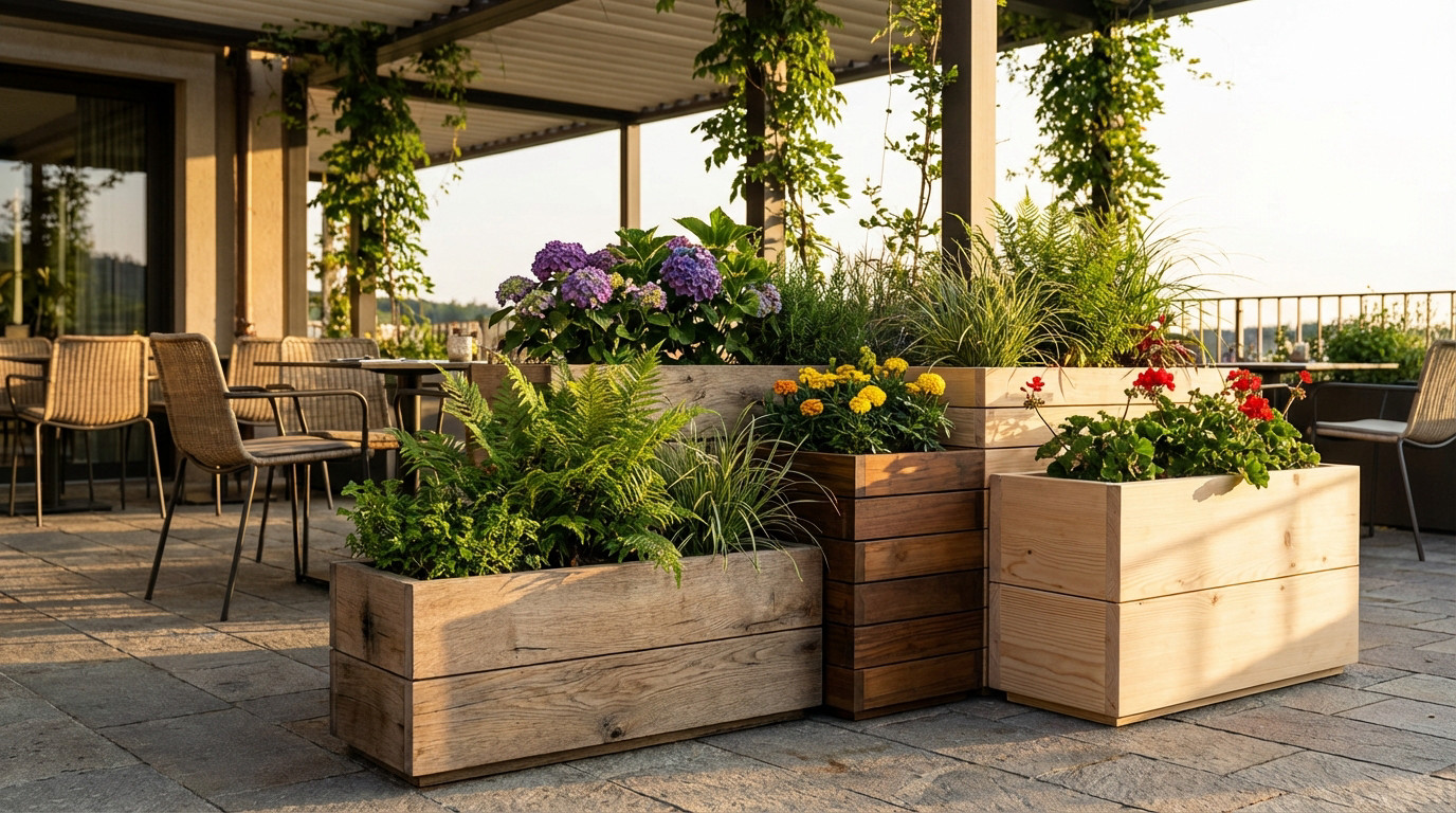 A modern restaurant terrace at golden hour, featuring bespoke wooden planters of oak, teak, and pine with lush plants and colorful flowers.