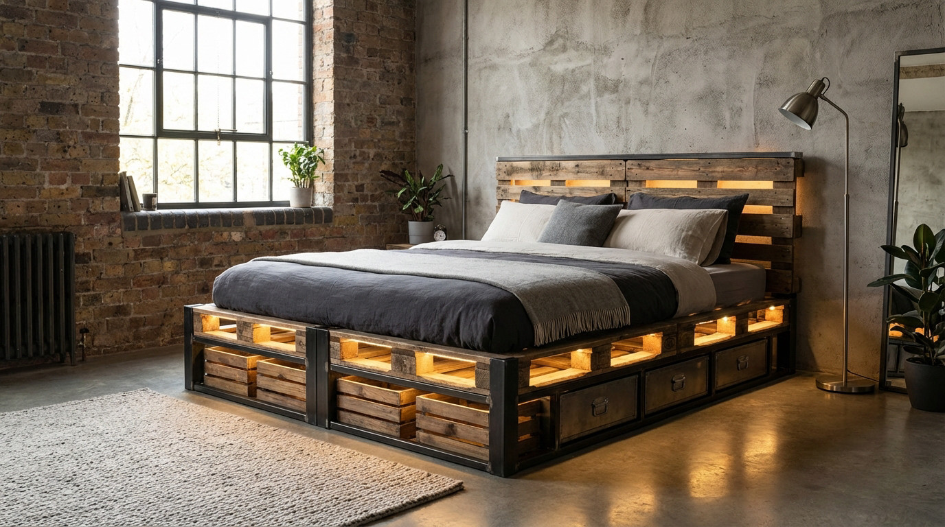 Modern industrial bedroom featuring a wooden pallet bed with integrated LED lighting and under-bed storage. Exposed walls.