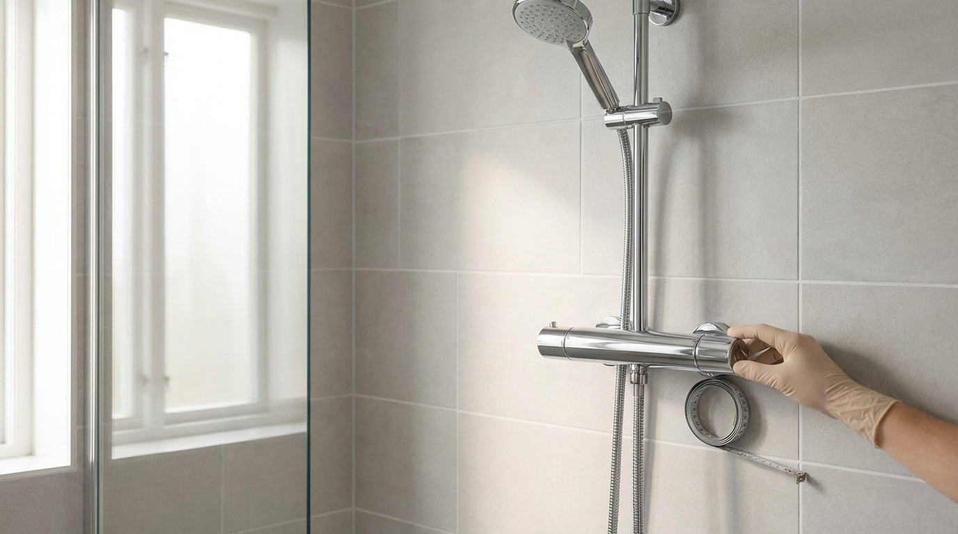 Modern chrome shower faucet on grey tiles, hand adjusting it. Tape measure suggests precise installation. Clear glass screen, bright light.